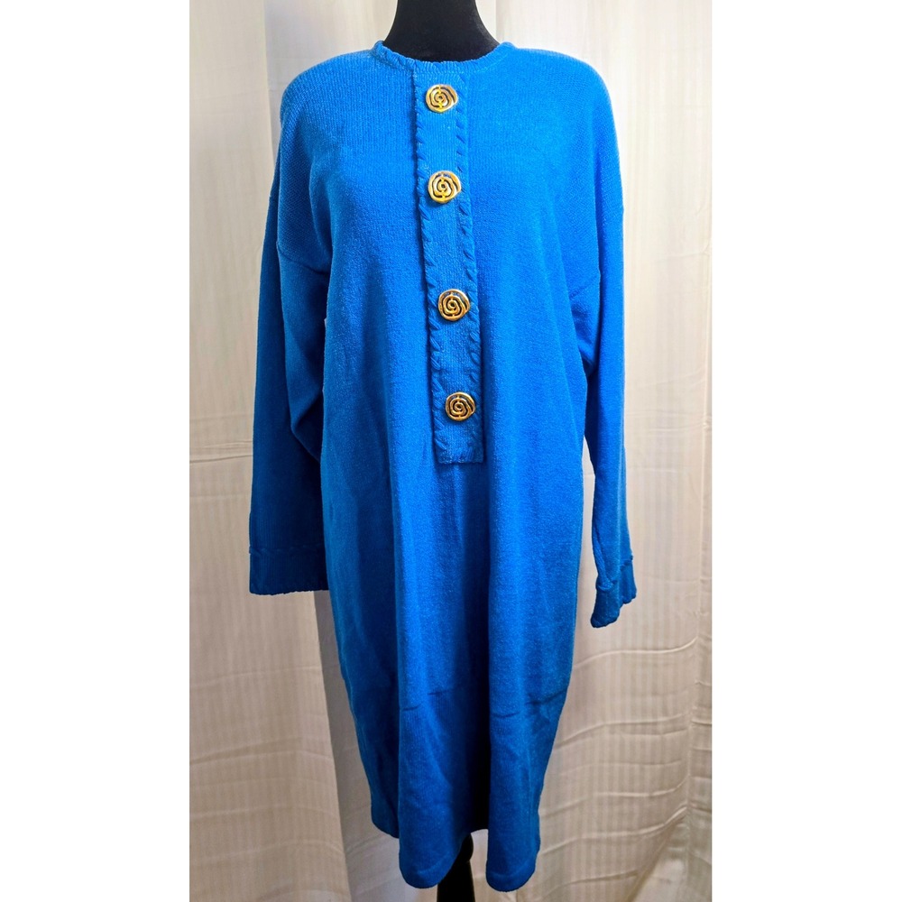 Vintage Antonella Preve L New York Sweater Dress‎ Blue Knit Gold Spiral Buttons